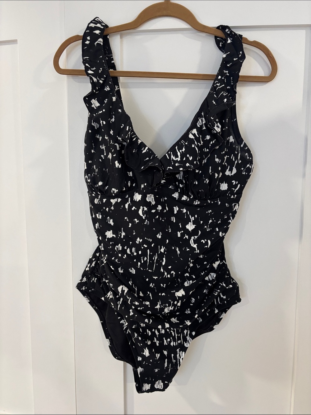 DKNY Black and White Ruffle One-Piece Swimsuit